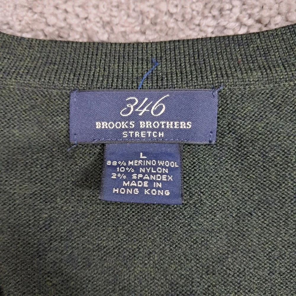 Brooks Brothers 346 Mens Merino‎ Wool V-Neck Sweater Green Stretch Large
